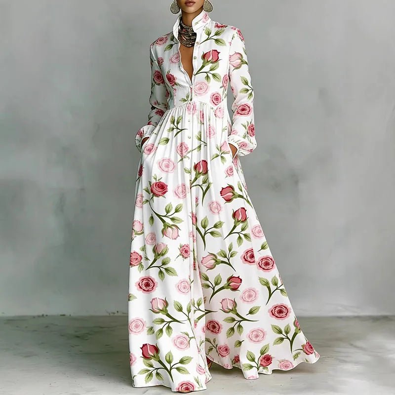Women's Maxi Shirt Dress High Waist Long Sleeve Printed Casual