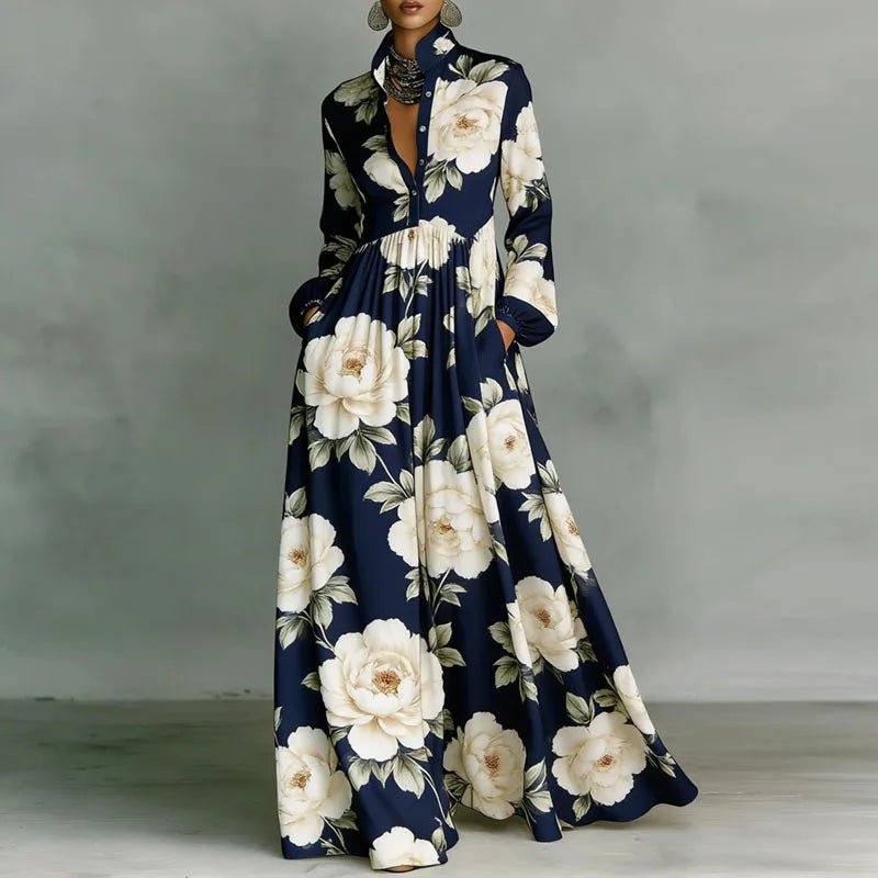 Women's Maxi Shirt Dress High Waist Long Sleeve Printed Casual