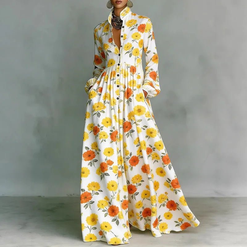 Women's Maxi Shirt Dress High Waist Long Sleeve Printed Casual