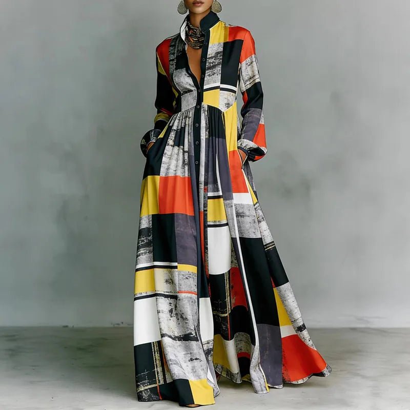 Women's Maxi Shirt Dress High Waist Long Sleeve Printed Casual