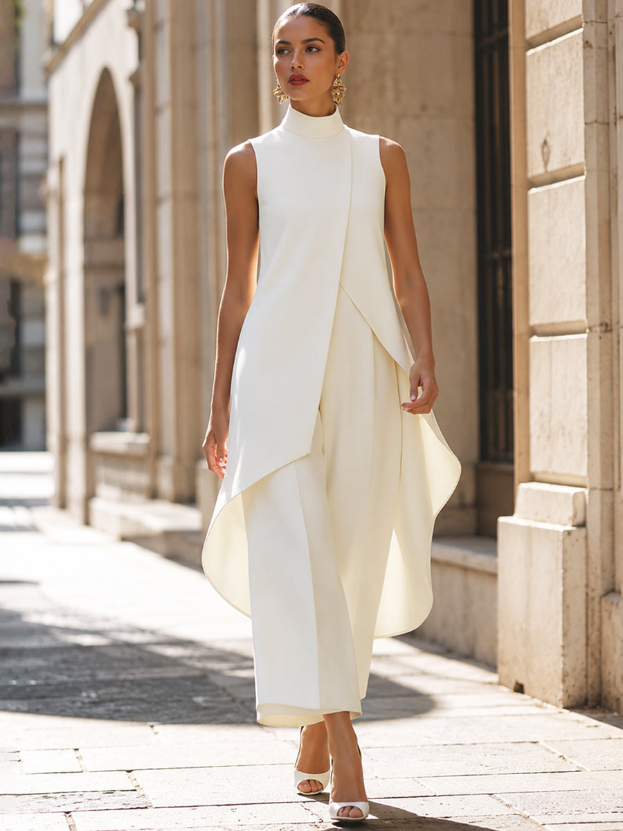 Women's Summer Top High Neck Sleeveless Two-Piece Set & Wide-Leg Pants