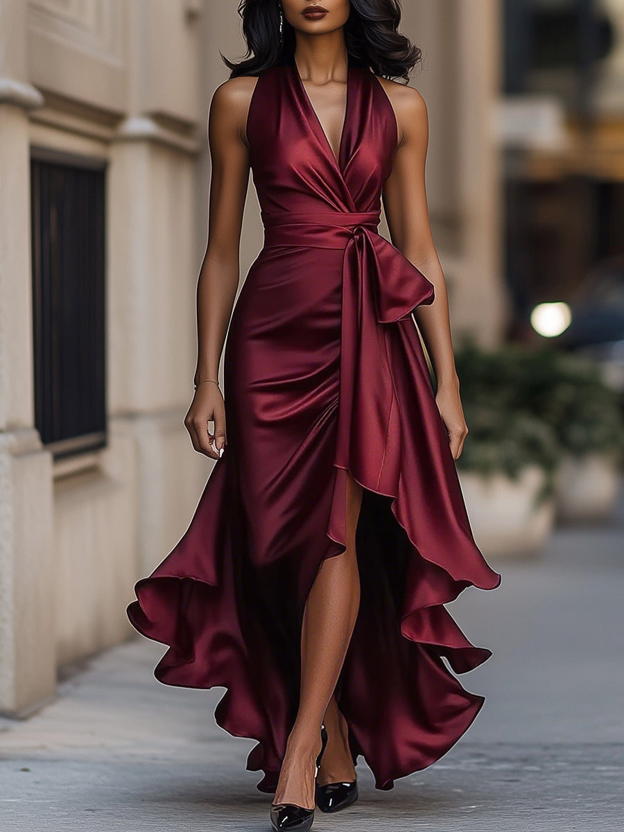 Women's Halter Maxi Dress Ruffle Hem