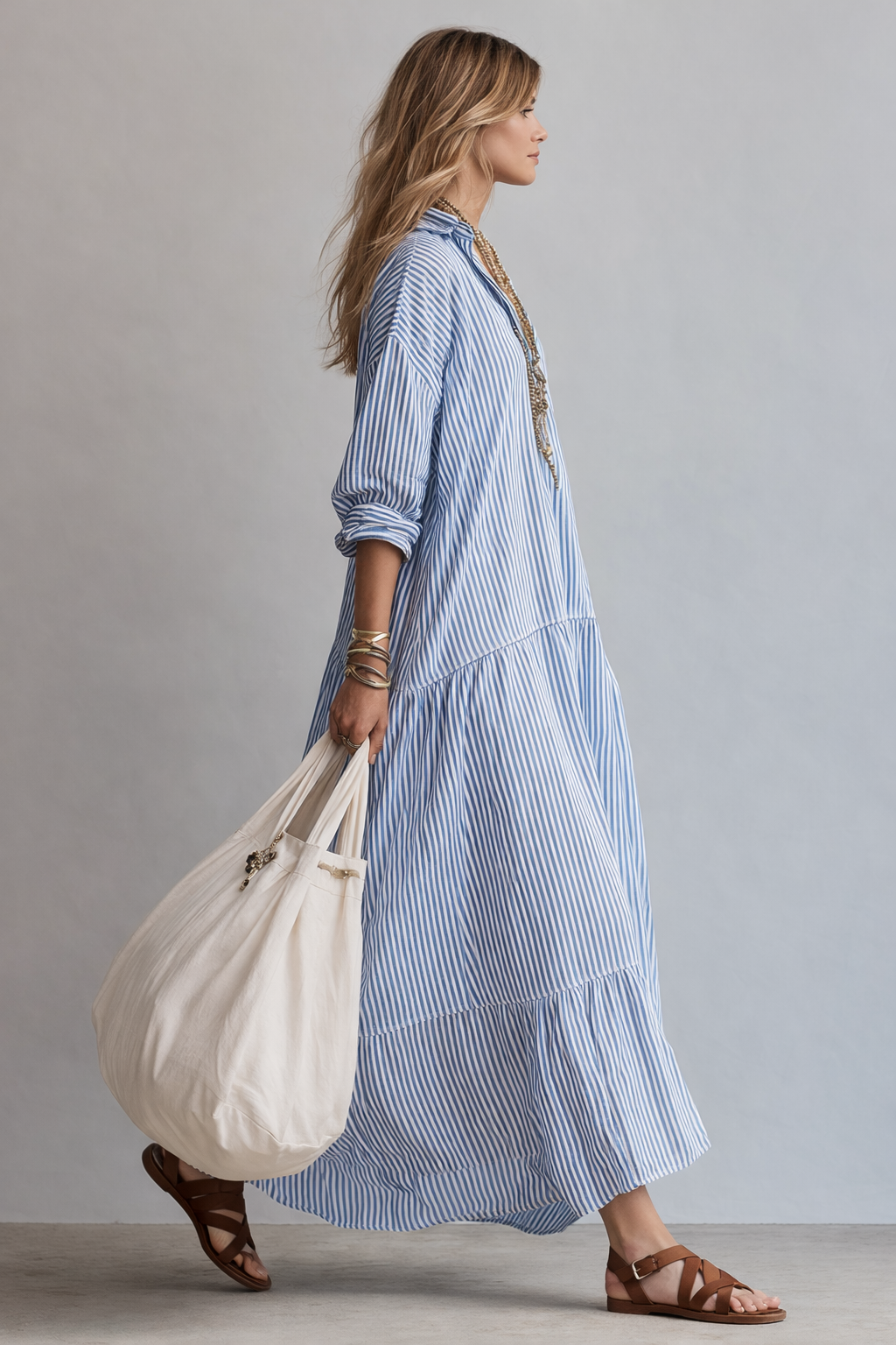 Women's Maxi Shirt Dress Striped Button Front Oversized Long Sleeve