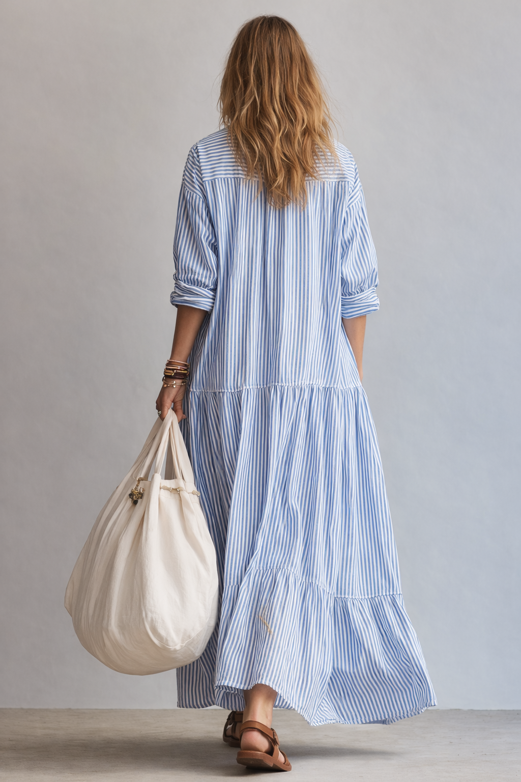Women's Maxi Shirt Dress Striped Button Front Oversized Long Sleeve