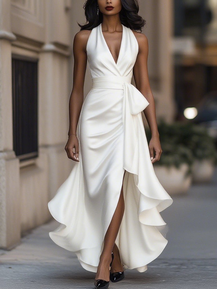 Women's Halter Maxi Dress Ruffle Hem