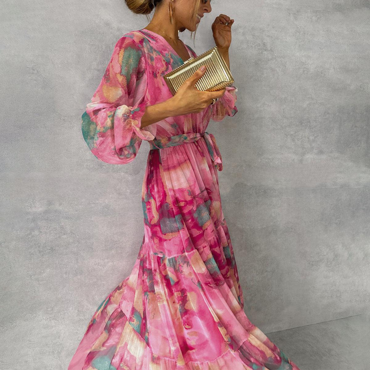 Women's Floral Maxi Dress | Long Sleeve, V-Neck, Casual