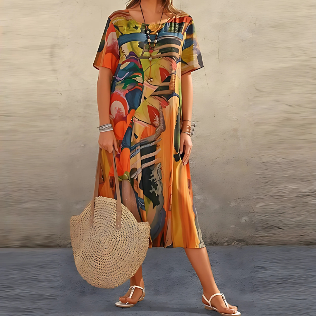 Women's Floral Dress Short Sleeve V-Neck Midi Casual Summer