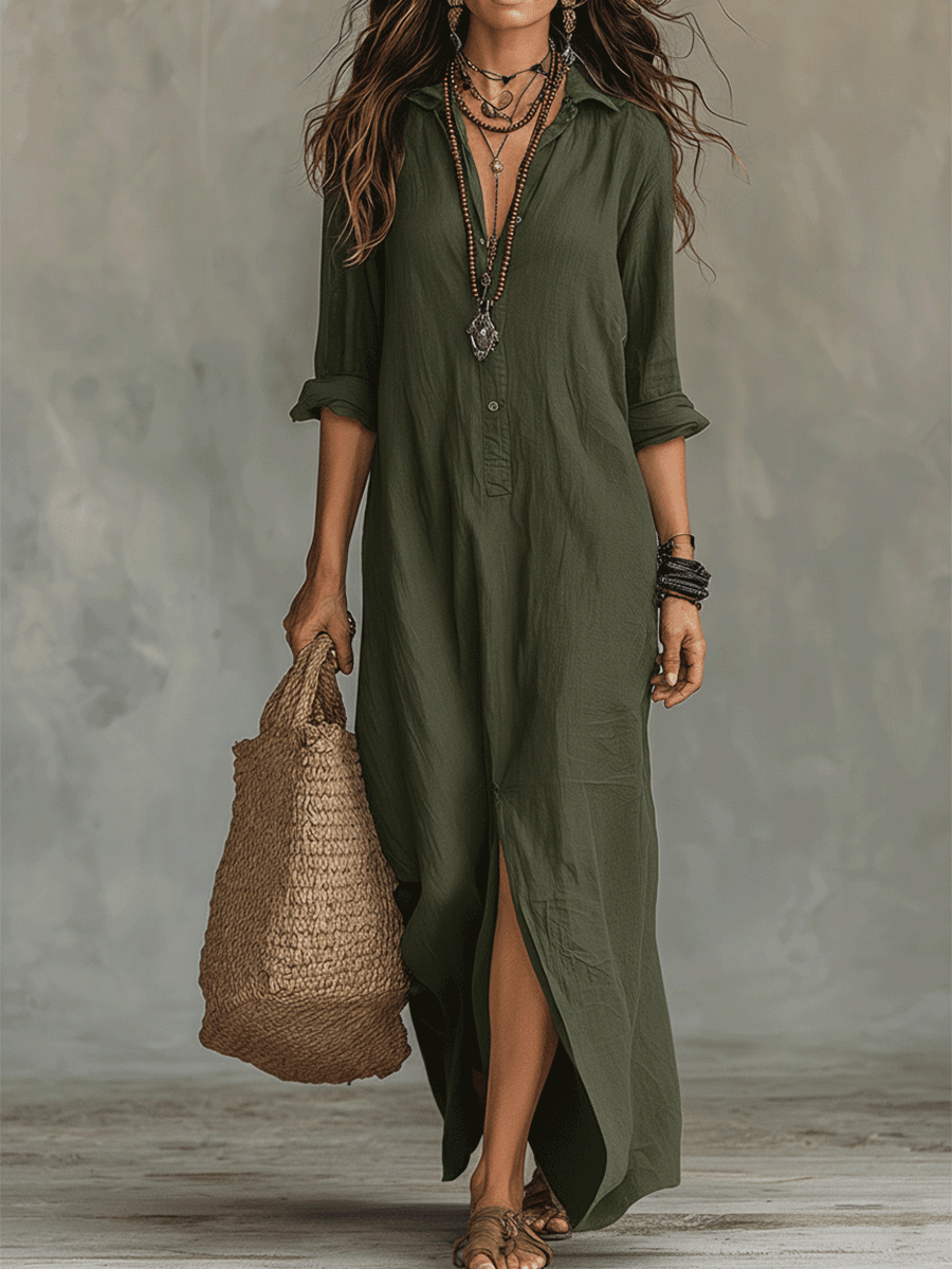 Women's Bohemian Maxi Dress Black Button-Front Detail Long Sleeve Casual