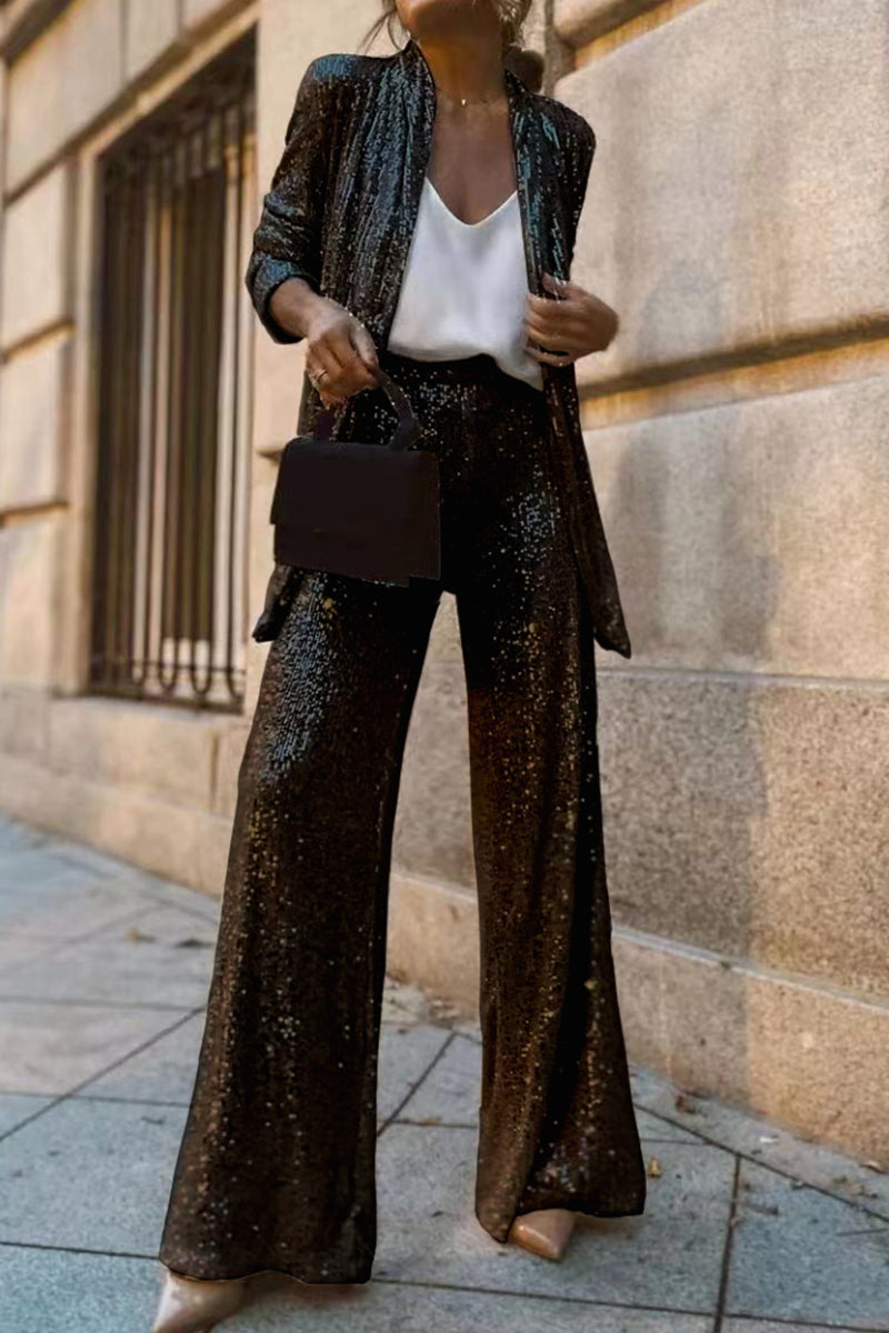 Women's Sequin Blazer Set | Long Sleeve Jacket and Trousers | Two-Piece Outfit