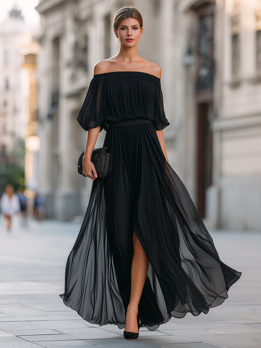 Women's Maxi Dress Off Shoulder Pleated Skirt Formal Wedding Guest