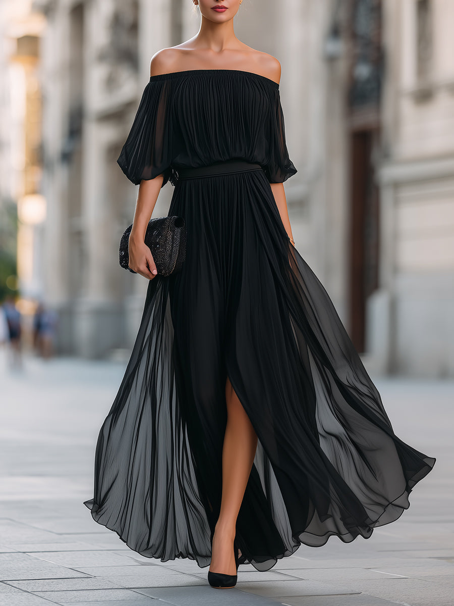 Women's Maxi Dress Off Shoulder Pleated Skirt Formal Wedding Guest