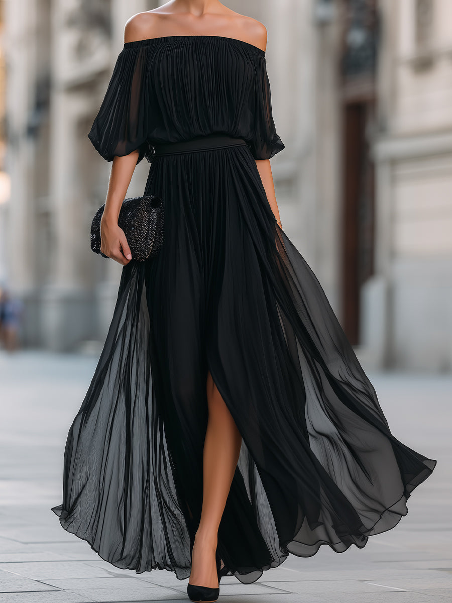 Women's Maxi Dress Off Shoulder Pleated Skirt Formal Wedding Guest