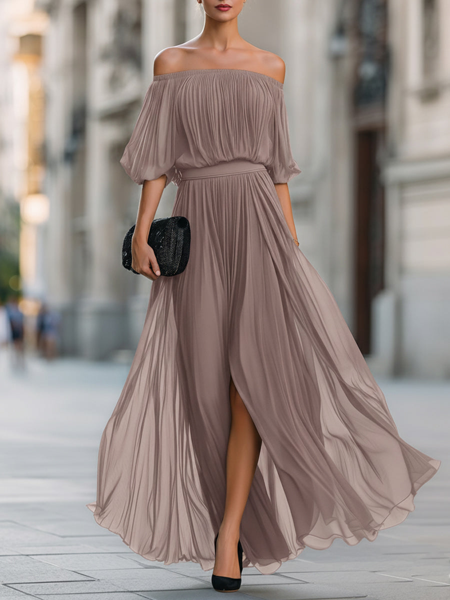 Women's Maxi Dress Off Shoulder Pleated Skirt Formal Wedding Guest