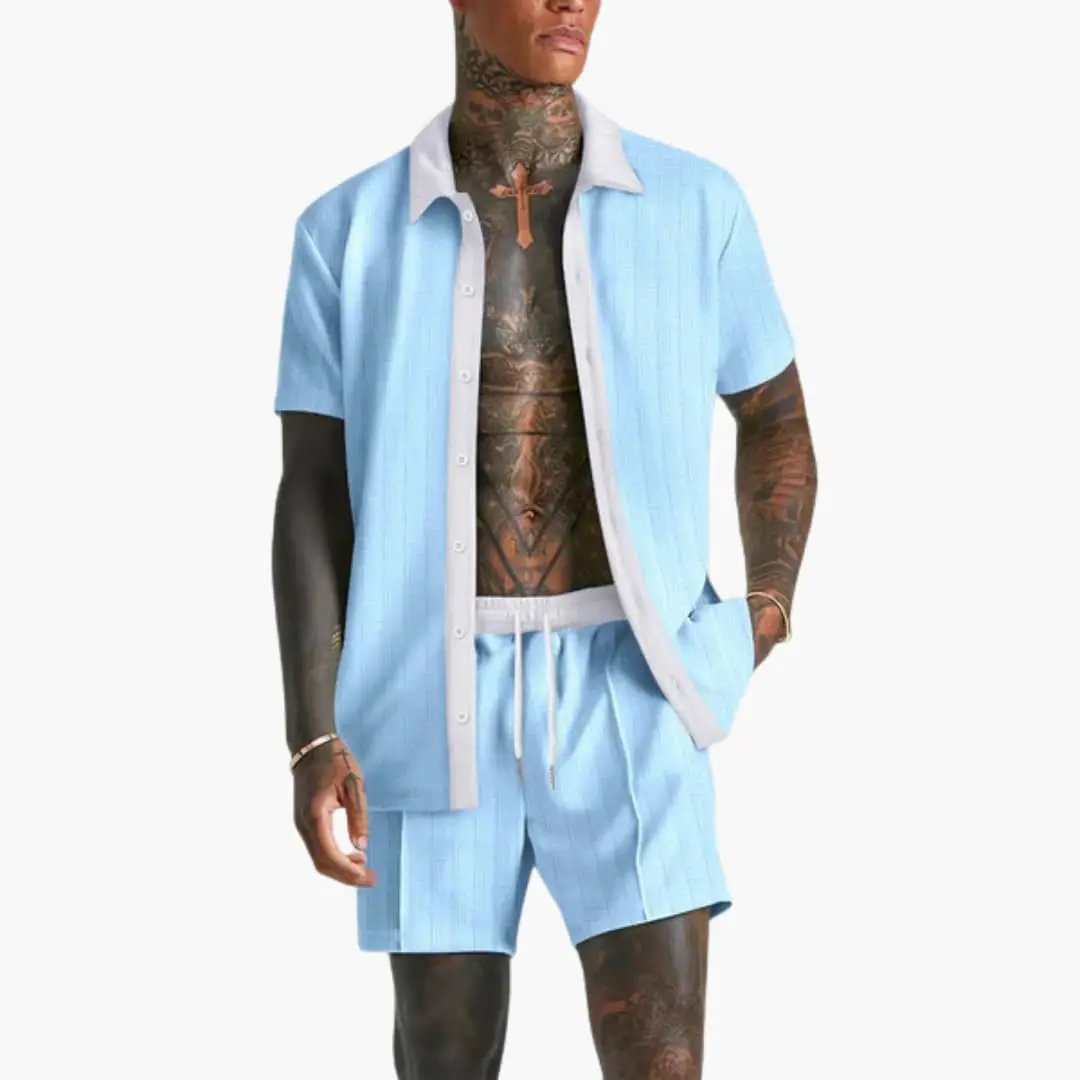 Men's Summer Relaxed Set Shorts & Shirt Contrasting Collar Casual Outfit