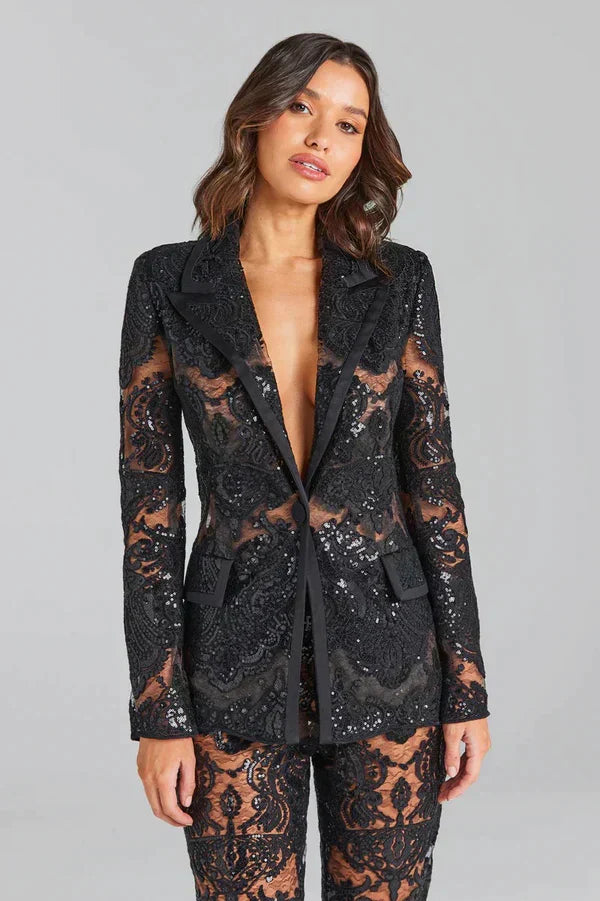 Women's Two-Piece Blazer Trousers Set | Sequin Detail