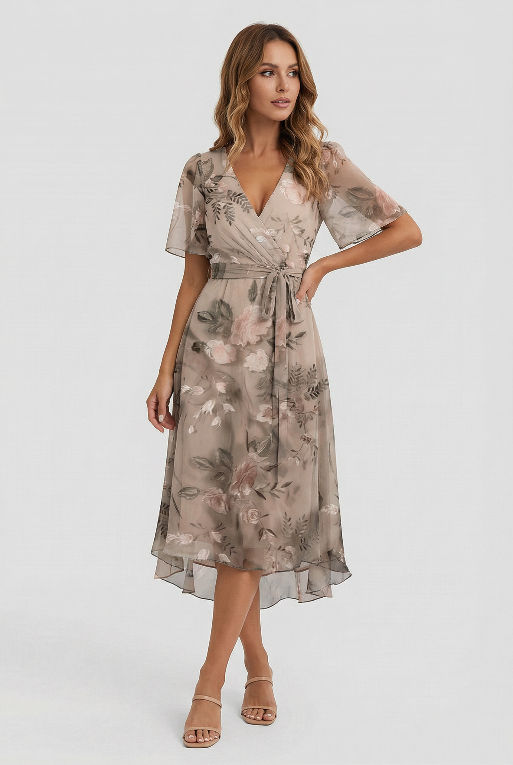 Women's Midi Dress Linen Floral Elegant Fit