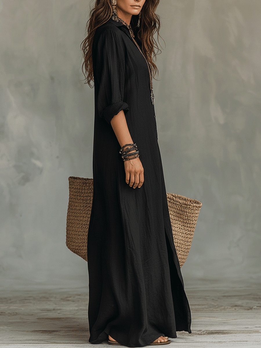 Women's Bohemian Maxi Dress Black Button-Front Detail Long Sleeve Casual