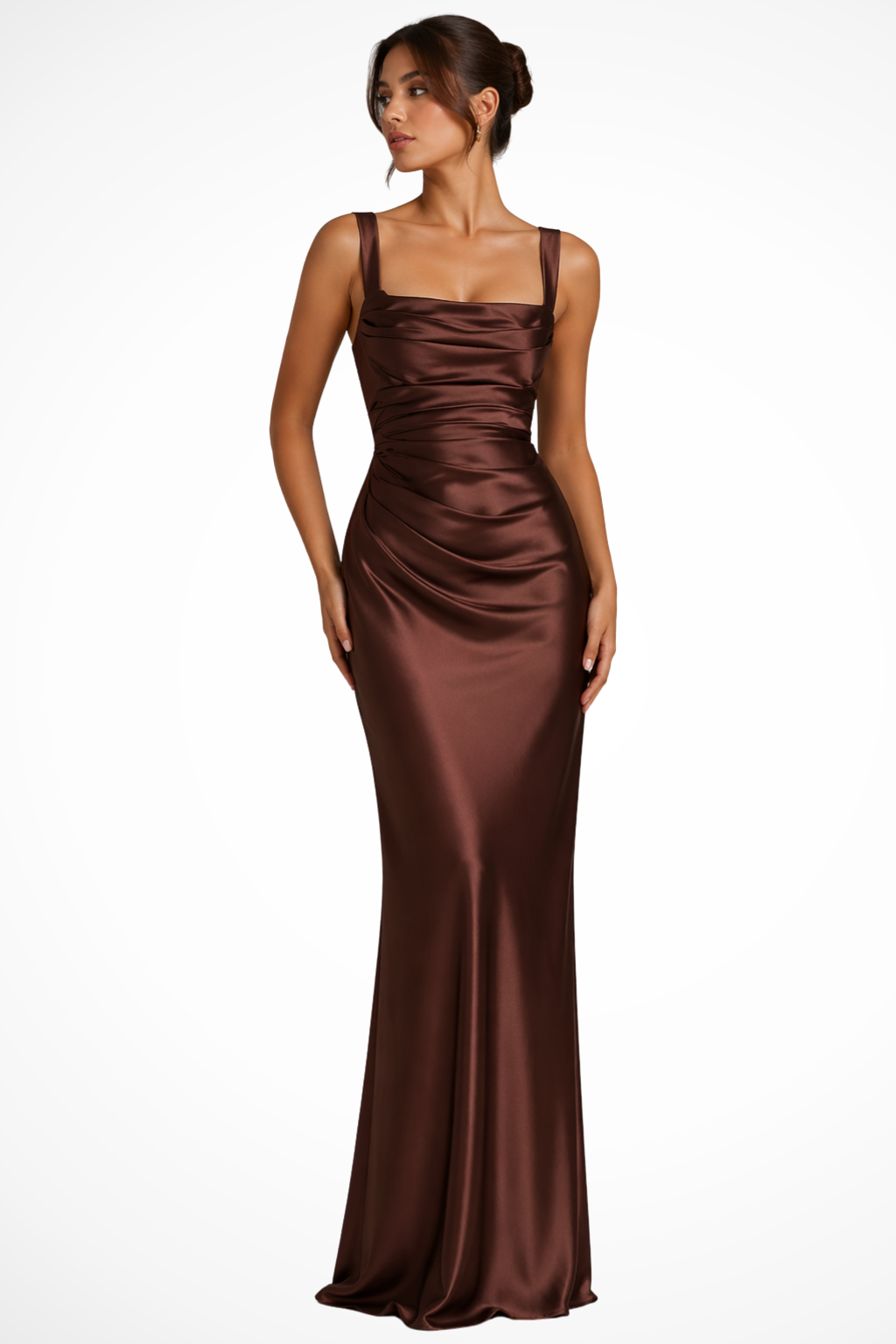 Women's Maxi Dress Square Neck Ruched Satin Wedding Guest Outfit