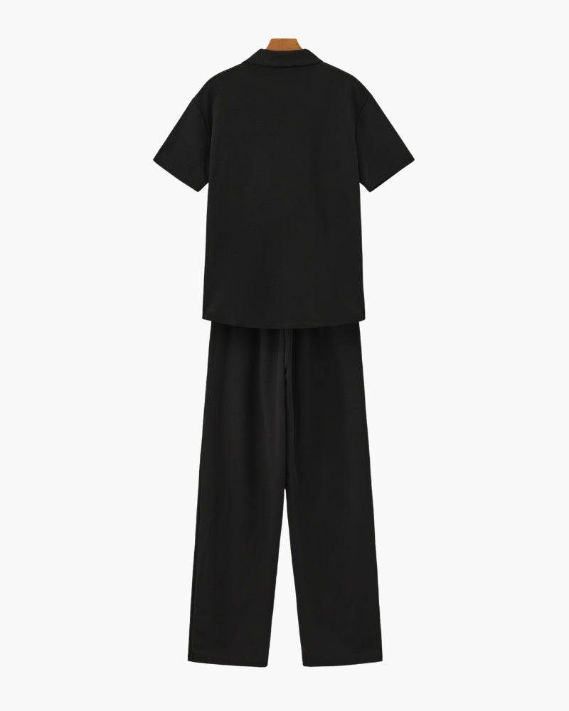 Men's Casual Short Sleeve V-Neck Shirt & Pants Two-Piece Set