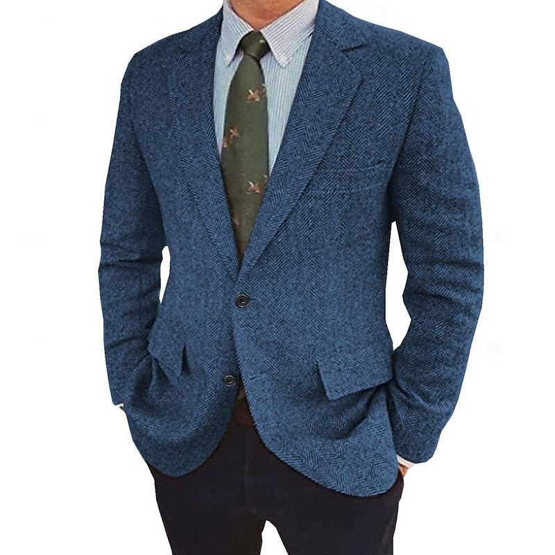 Men's Herringbone Blazer Single-Breasted Two-Button Winter Jacket