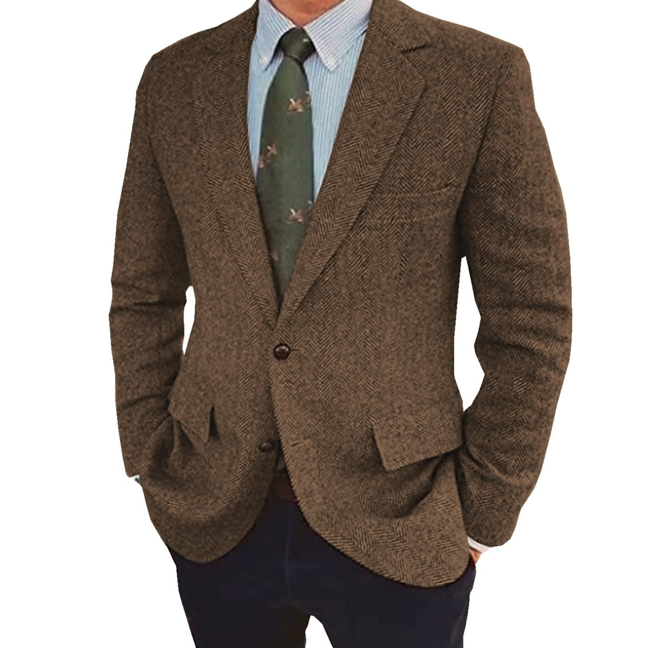Men's Herringbone Blazer Single-Breasted Two-Button Winter Jacket