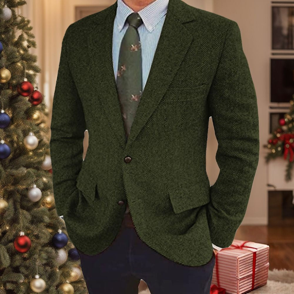 Men's Herringbone Blazer Single-Breasted Two-Button Winter Jacket