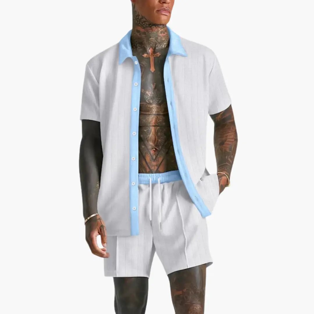 Men's Summer Relaxed Set Shorts & Shirt Contrasting Collar Casual Outfit