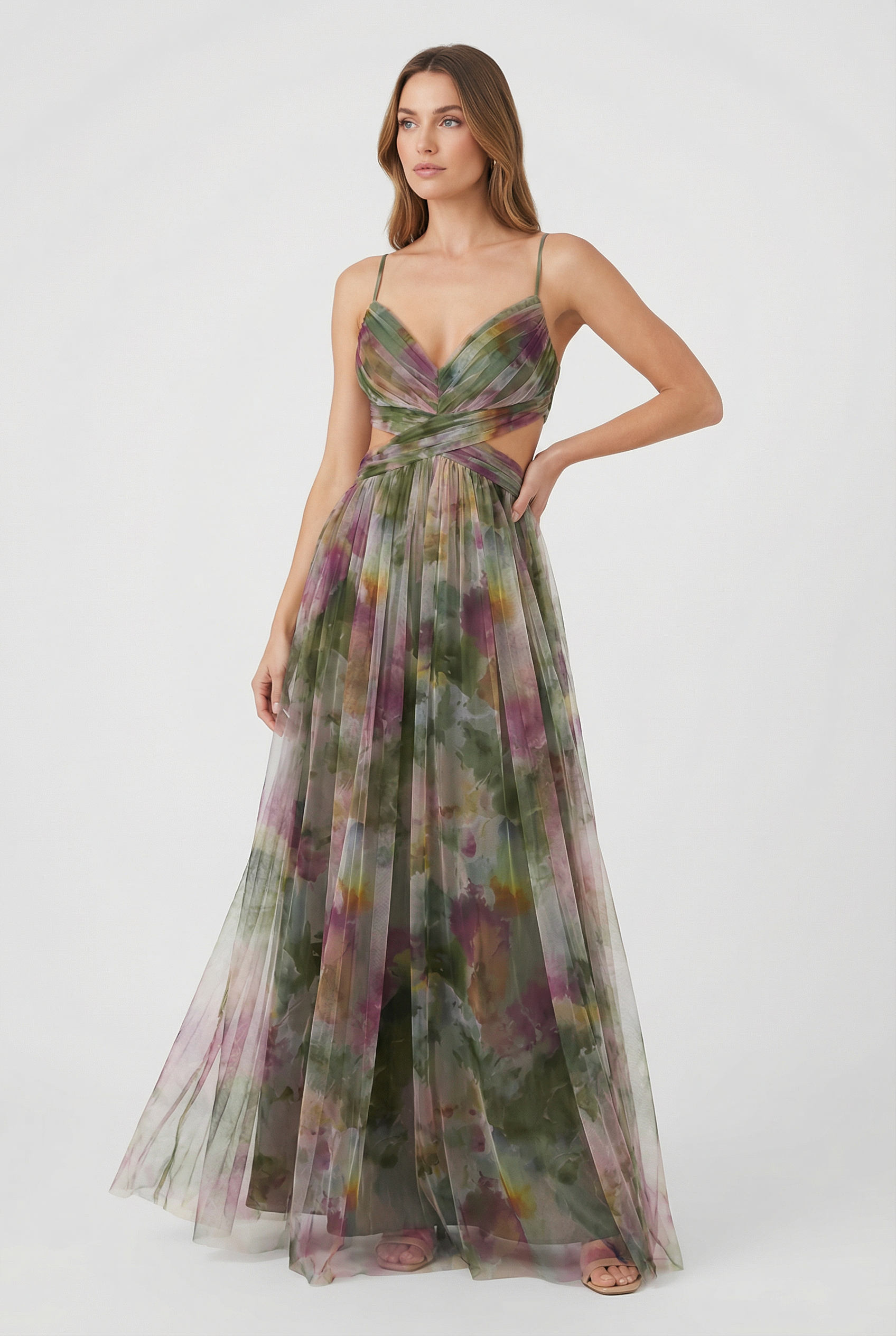 fitted lace wedding dress Pink Spaghetti Straps A Line Floral Printed Chiffon Long Prom Dress Wi main image 0