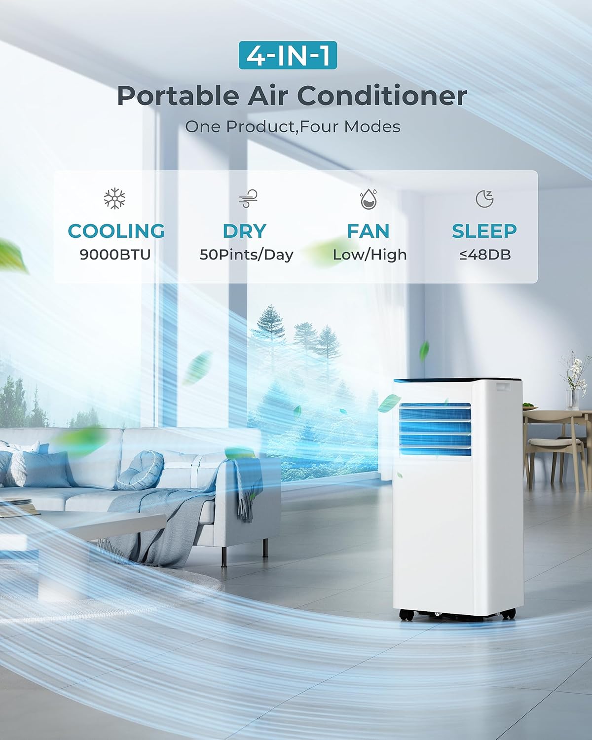 9000 BTU Portable Air Conditioner Dehumidifier Remote Control Sleep Mode
