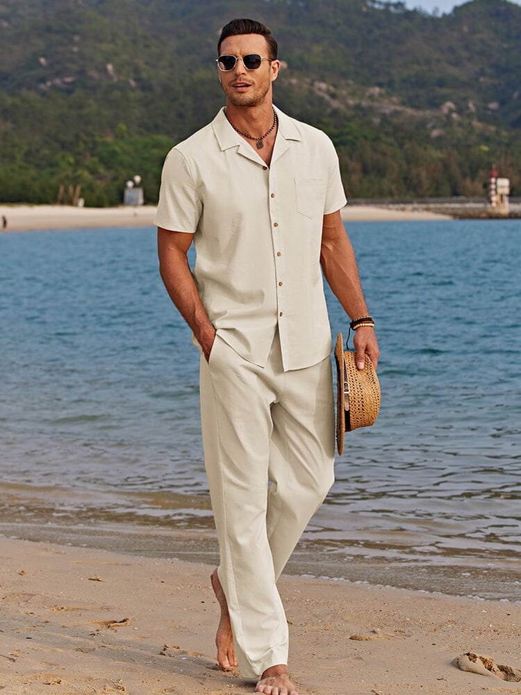 Men's Two-Piece Shirt Set with Matching Linen Pants