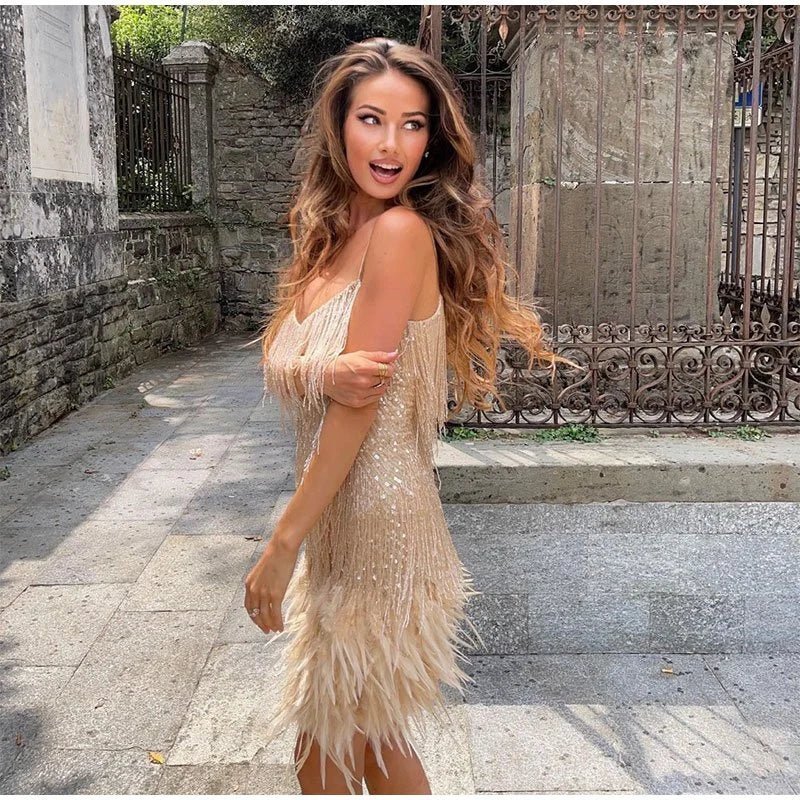 Women's Mini Dress Feather Design Flattering Fit