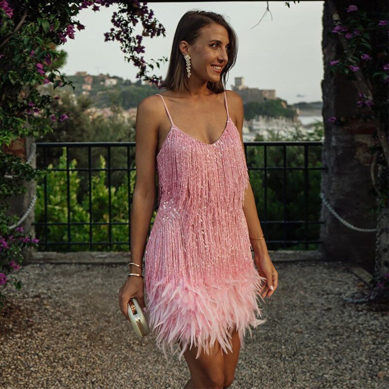Women's Mini Dress Feather Design Flattering Fit
