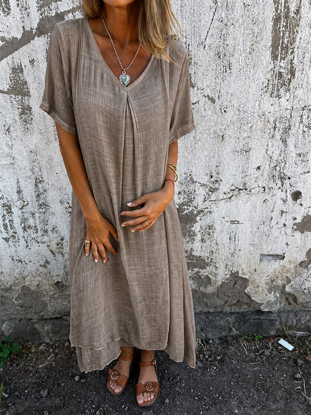 Women's Casual V-Neck Summer Dress | Short Sleeve | Loose Fit