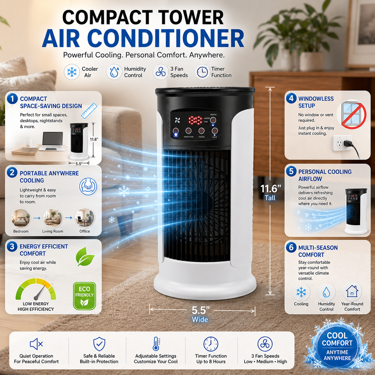 Portable Air Conditioner Compact Energy Efficient Evaporative Cooling
