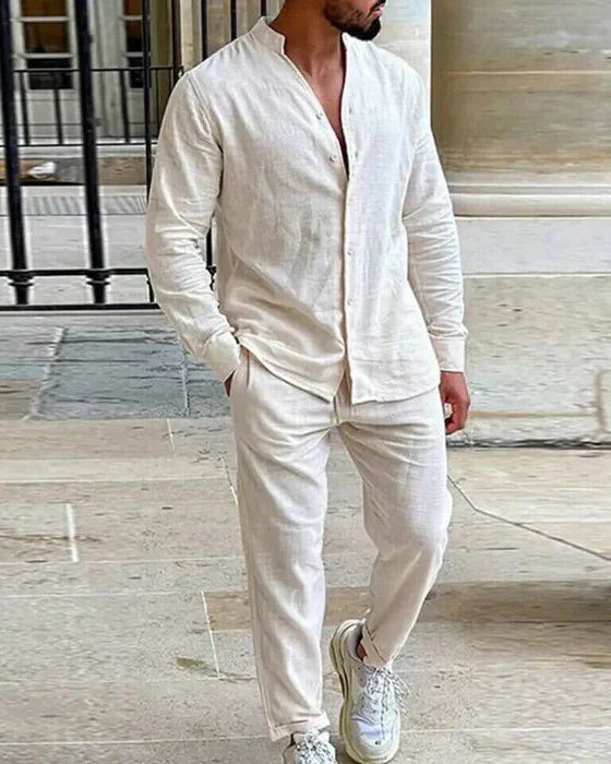 Men's Two-Piece Shirt Set | Stand-Up Collar, Short Sleeve, Casual