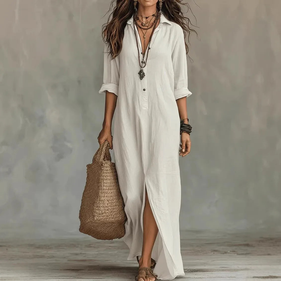Linen-Blend Shirt Dress Button Placket Side Slits Casual Wear 0