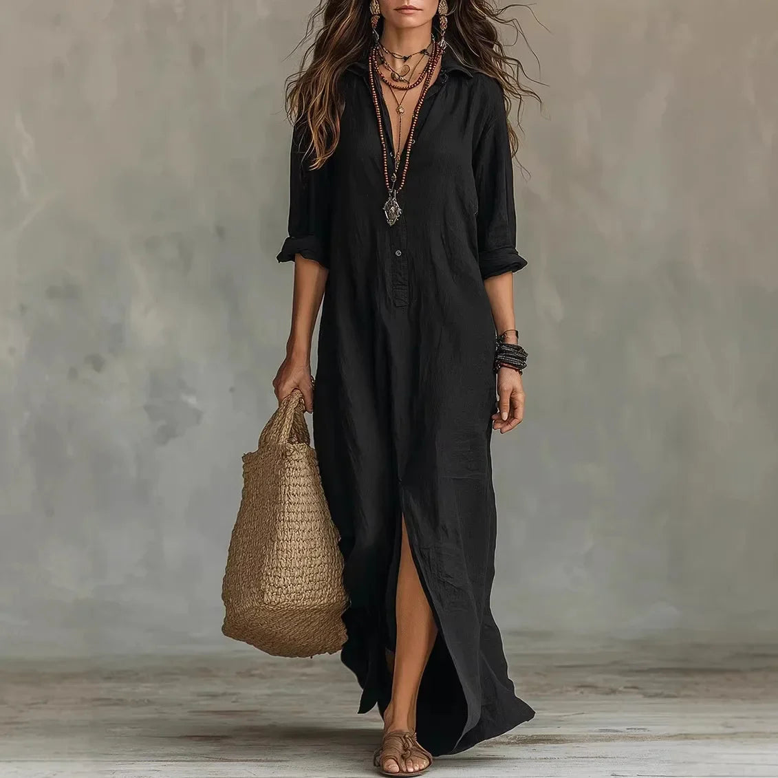 Linen-Blend Shirt Dress Button Placket Side Slits Casual Wear 1