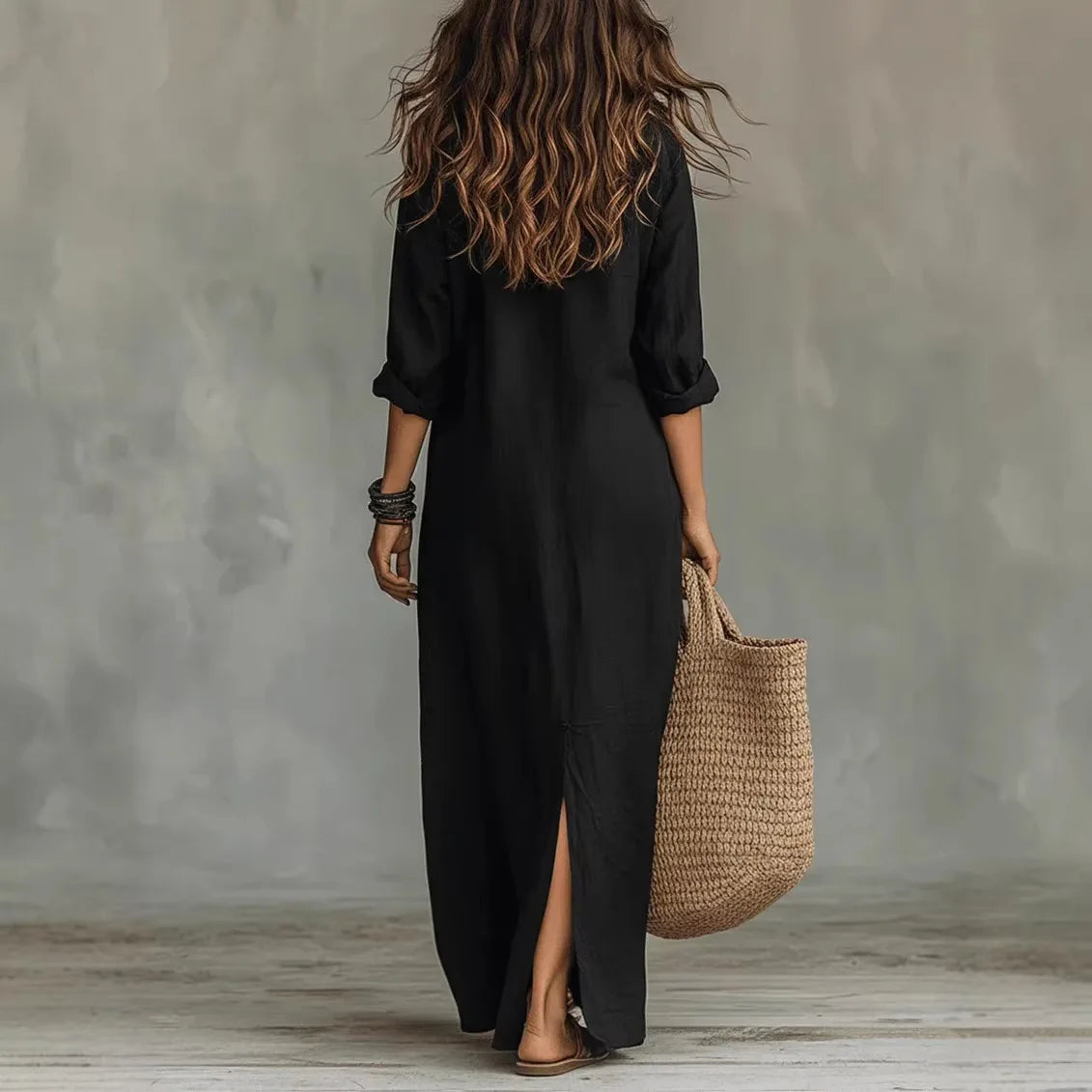 Linen-Blend Shirt Dress Button Placket Side Slits Casual Wear 2