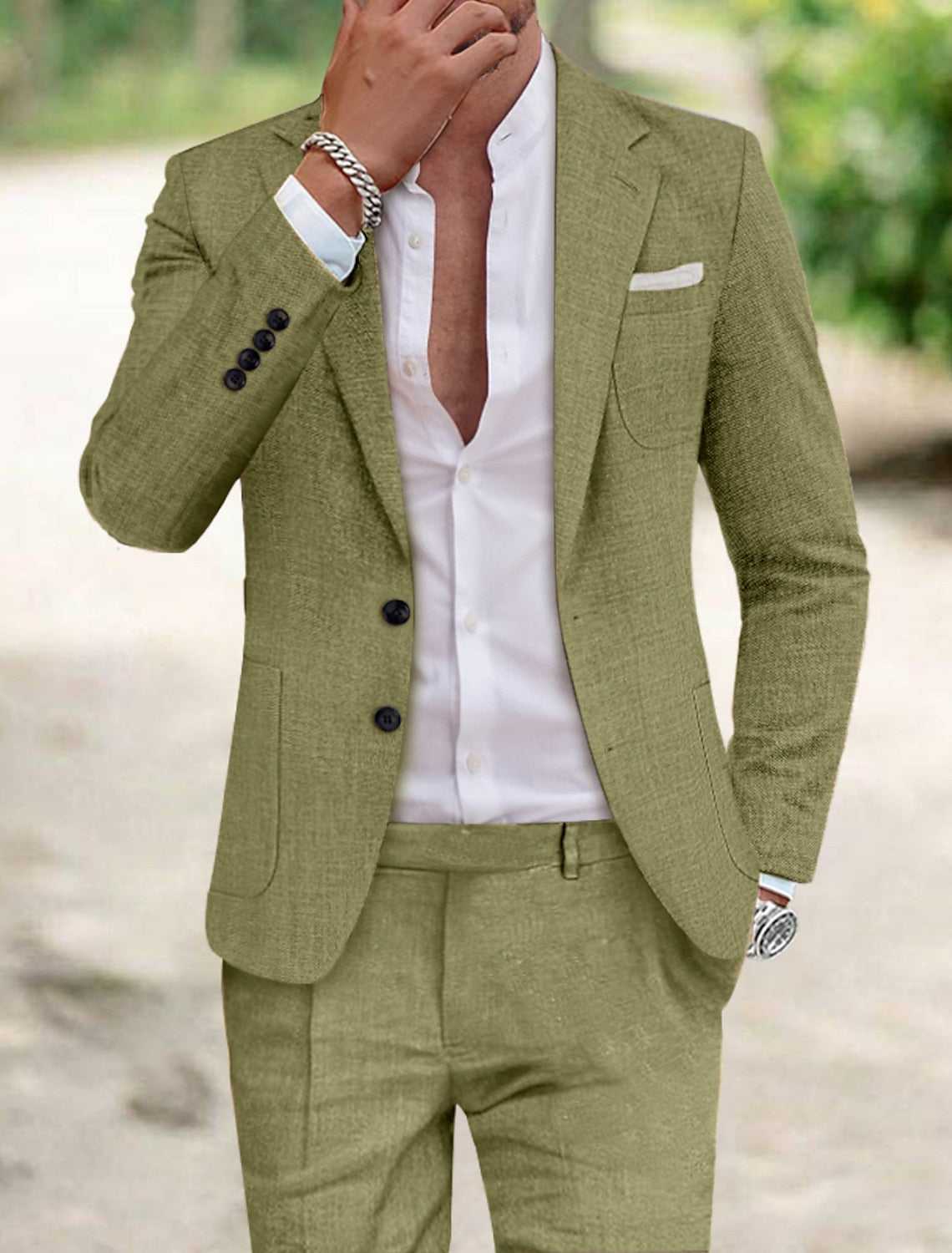 Men's Linen Suit Set Notch Neckline