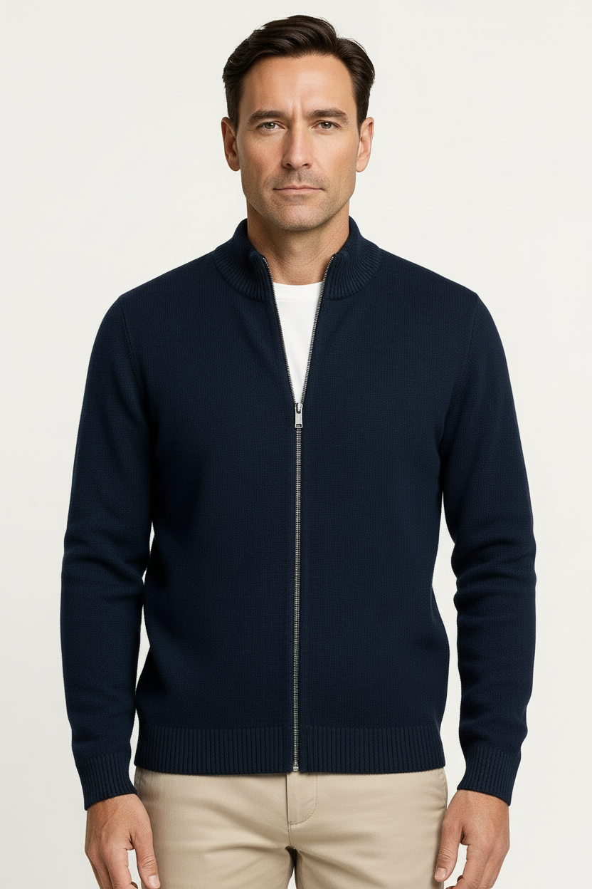 Men's Cardigan Sweater Thick Wool Mock Neck Zipper 1