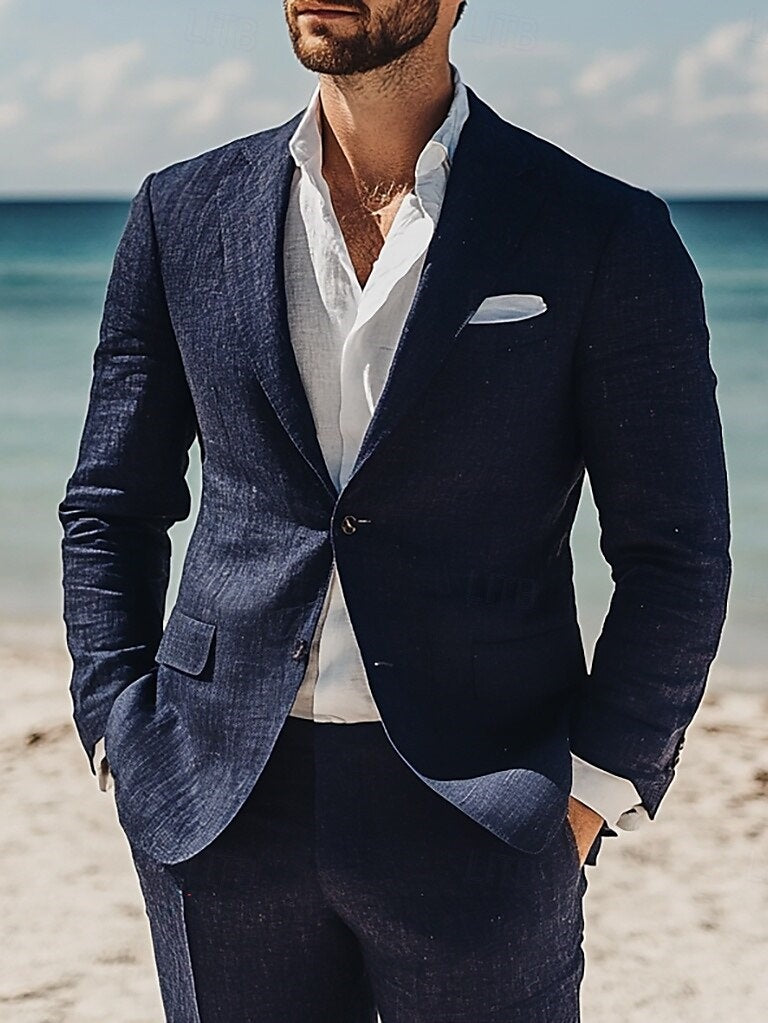 Men's Linen Suit Notch Lapel Casual Formal Wear