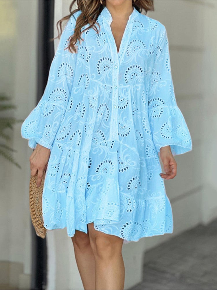 Women's Boho Mini Dress Button Front Short Sleeve Floral Print