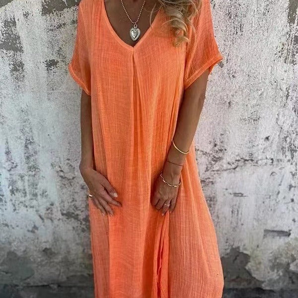 Women's Casual V-Neck Summer Dress | Short Sleeve | Loose Fit