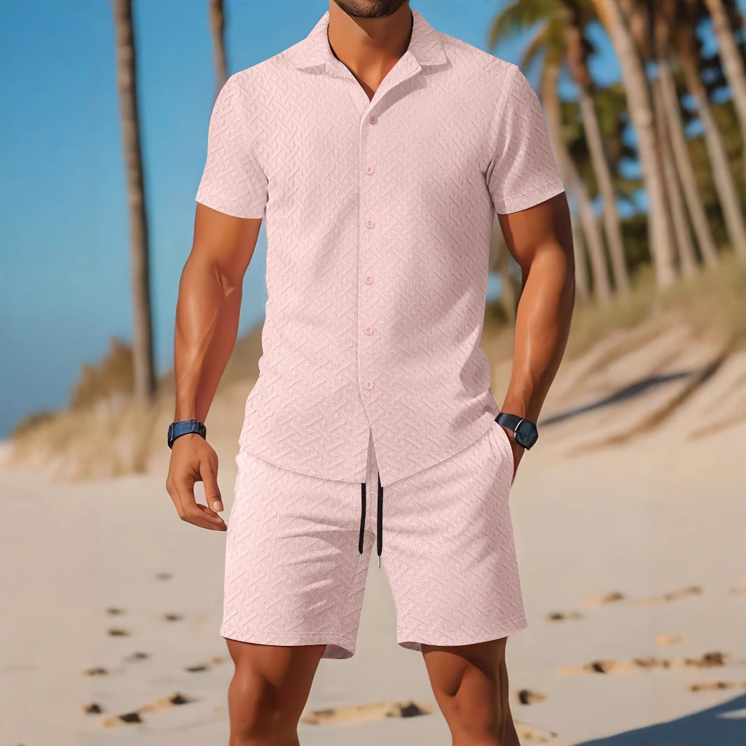 Men's Slim Fit Shirt and Shorts Set – Embossed – Breathable – Casual Wear