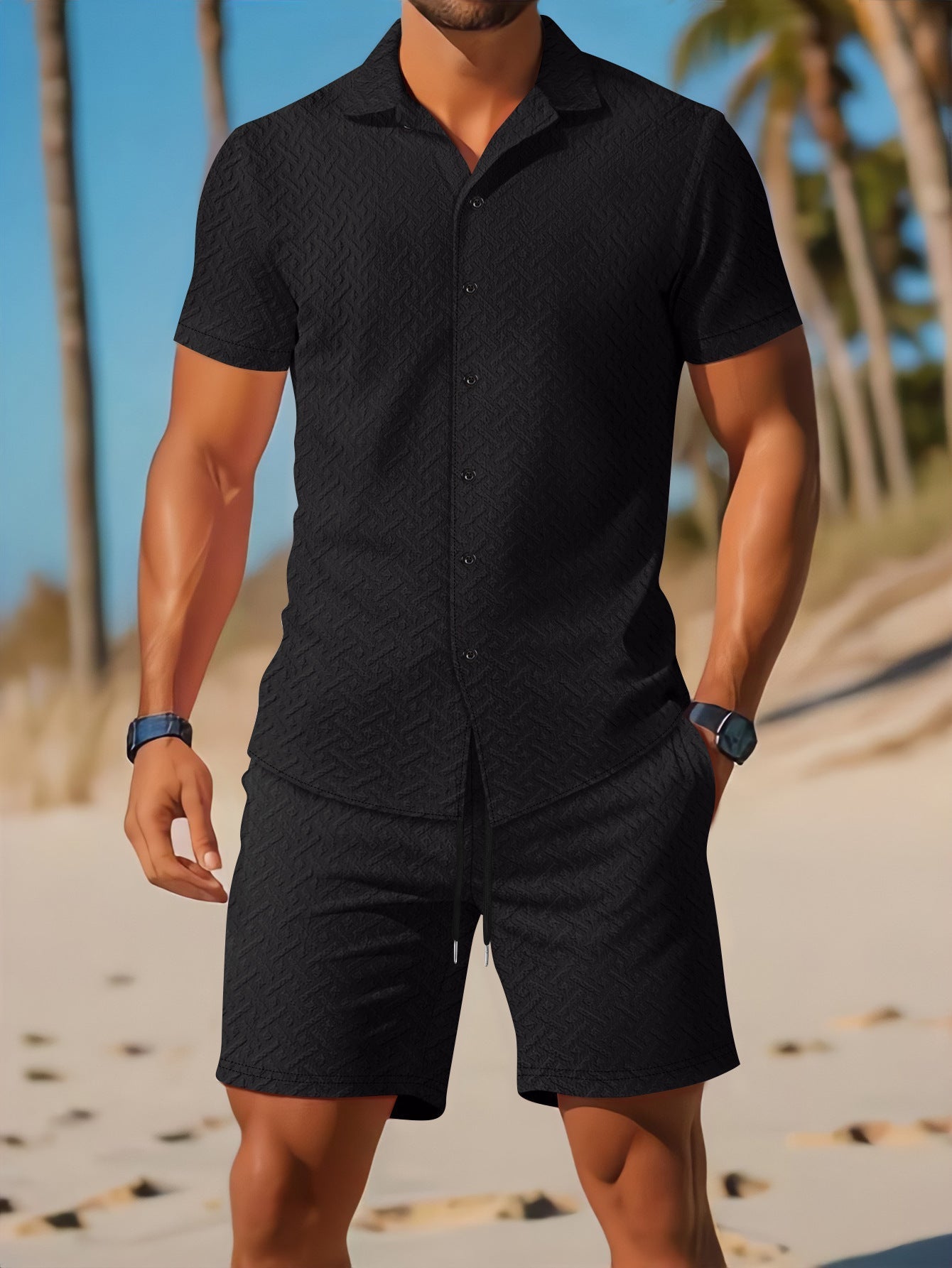 Men's Slim Fit Shirt and Shorts Set – Embossed – Breathable – Casual Wear