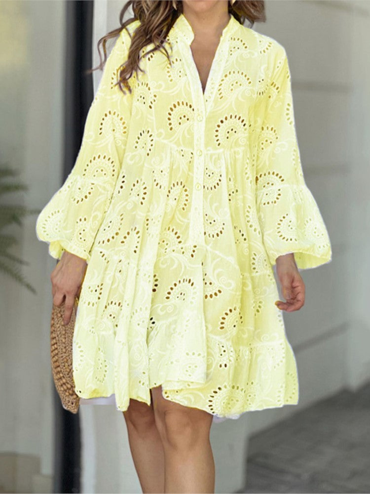 Women's Boho Mini Dress Button Front Short Sleeve Floral Print