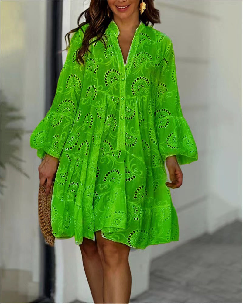 Women's Boho Mini Dress Button Front Short Sleeve Floral Print