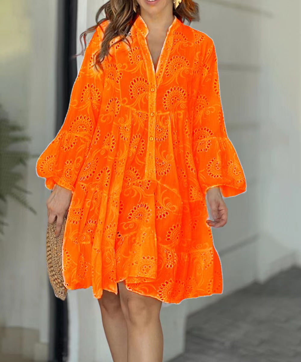 Women's Boho Mini Dress Button Front Short Sleeve Floral Print