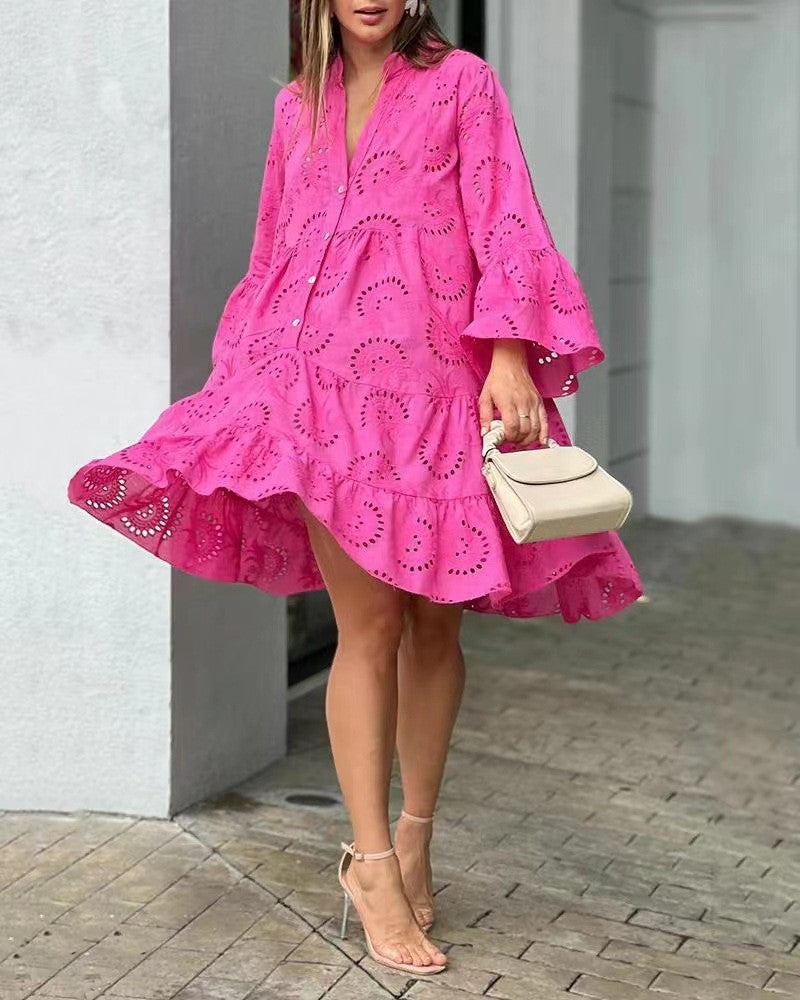 Women's Boho Mini Dress Button Front Short Sleeve Floral Print