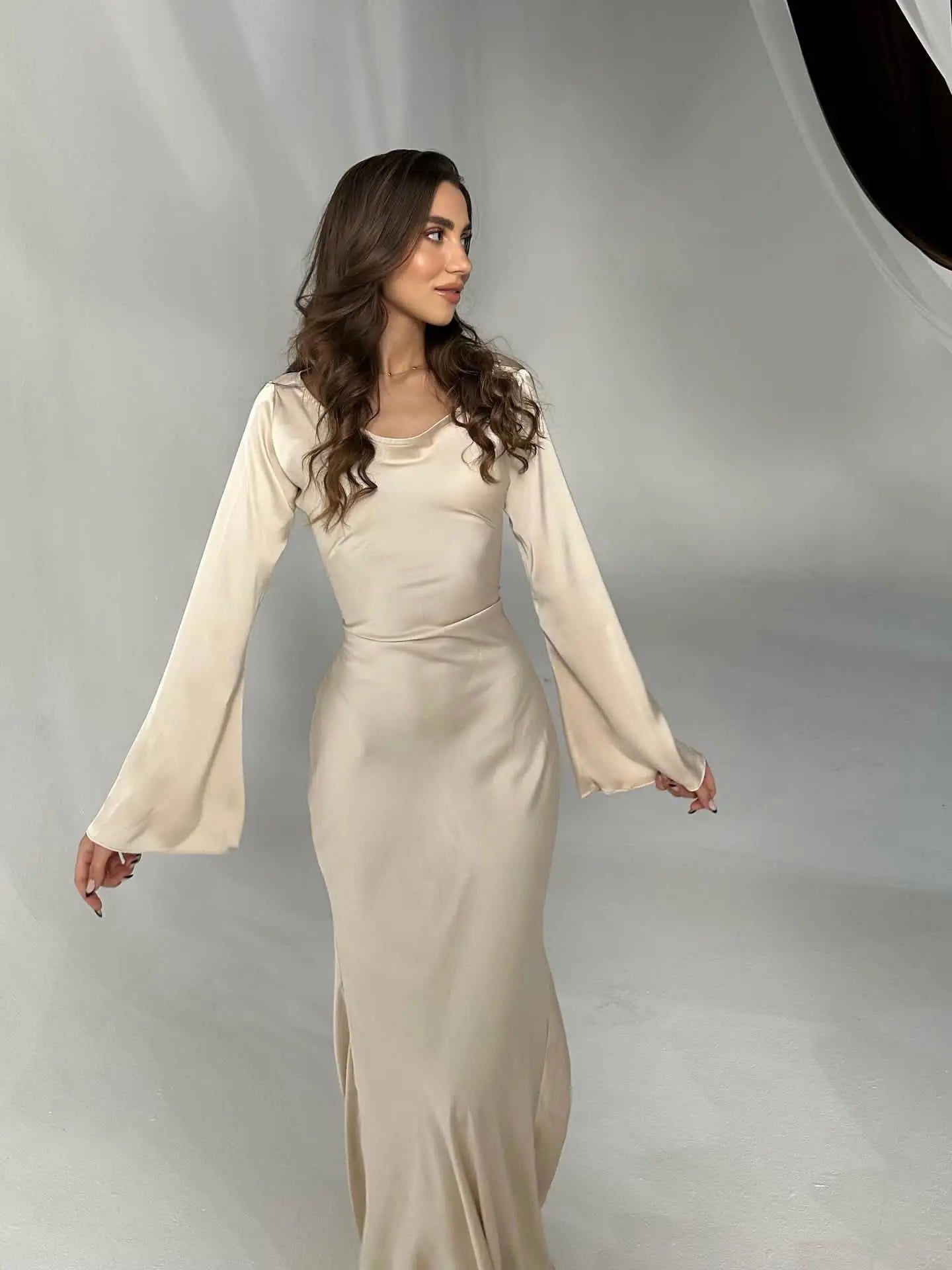 Women's Maxi Dress Long Sleeve Formal Gown Satin